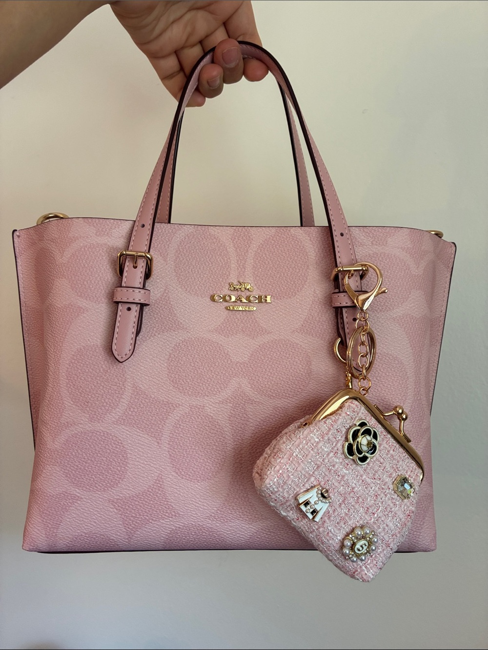 Pink Tweed Kisslock Coin Purse Keychain with Decorative Charms
